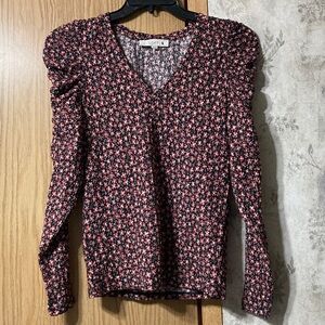 LOFT Black and Red Floral Blouse Size XS Puffed Long Sleeves